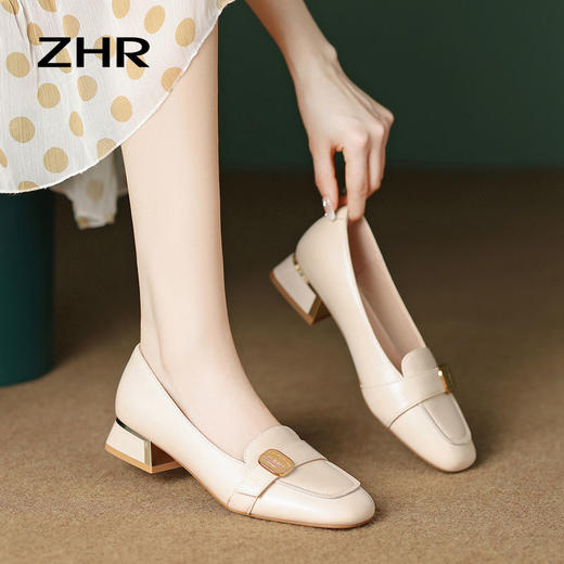 ZHR小香风粗跟单鞋2023新款复古金属扣方头玛丽珍小皮鞋ins一脚蹬 商品图4