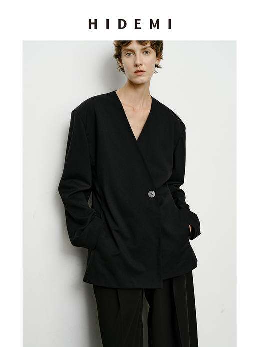 HIDEMI 极简无领设计感收腰立体剪裁一粒扣西装 黑色/深棕色 商品图8