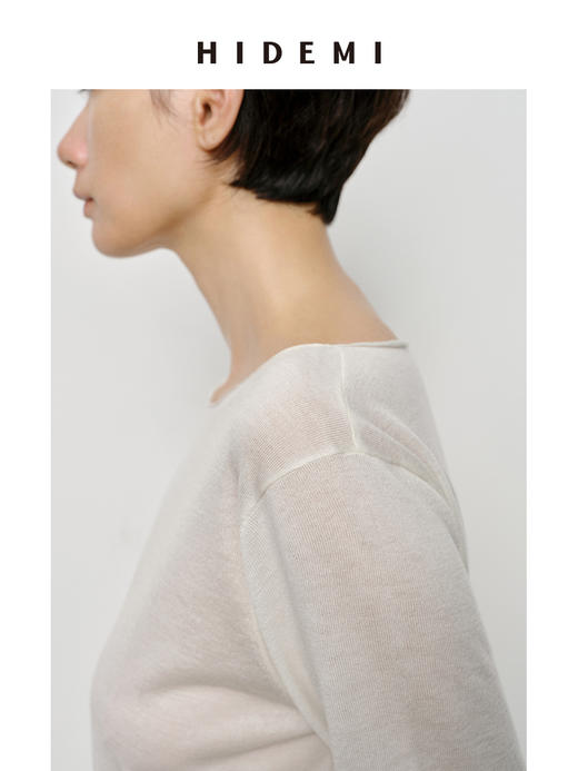 HIDEMI 弧形圆领极简山羊绒真丝中袖针织短袖上衣 商品图2