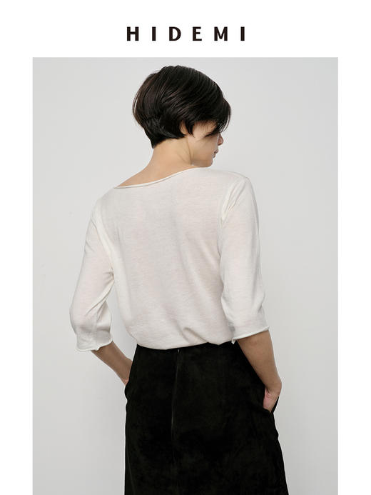 HIDEMI 弧形圆领极简山羊绒真丝中袖针织短袖上衣 商品图6