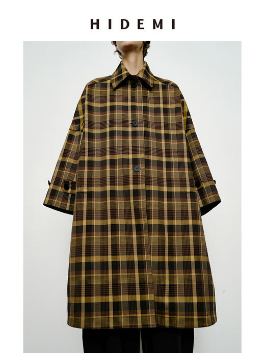 HIDEMI 棕咖色格纹经典大伞状廓形极简风衣 商品图7
