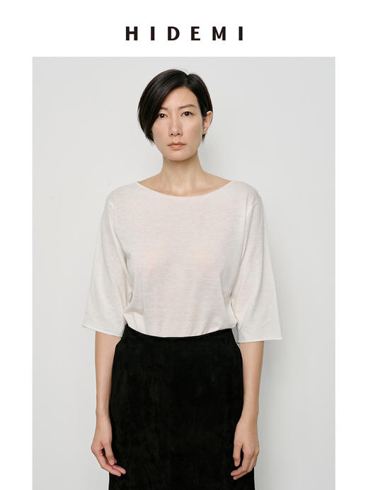 HIDEMI 弧形圆领极简山羊绒真丝中袖针织短袖上衣 商品图0