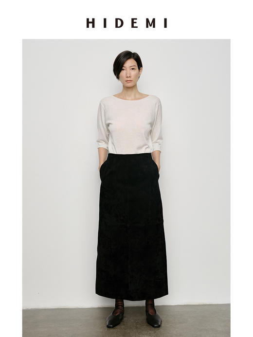HIDEMI 弧形圆领极简山羊绒真丝中袖针织短袖上衣 商品图1