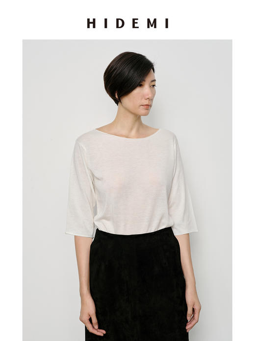HIDEMI 弧形圆领极简山羊绒真丝中袖针织短袖上衣 商品图4