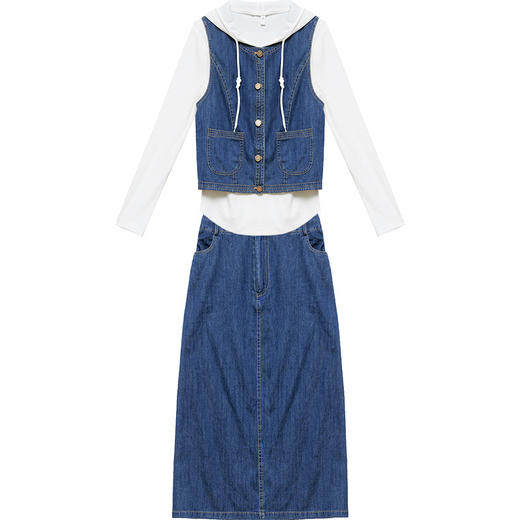 秋款休闲，长袖连帽时尚小衫短款时髦马甲中长款半身裙牛仔三件套QYM-XYKL-3911-L 商品图4