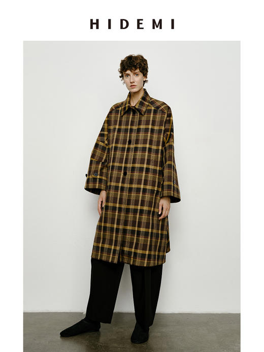HIDEMI 棕咖色格纹经典大伞状廓形极简风衣 商品图11