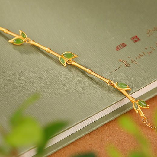 S925纯银镀金和田玉碧玉，竹节竹叶手链百搭古风气质手环CW-266 商品图2