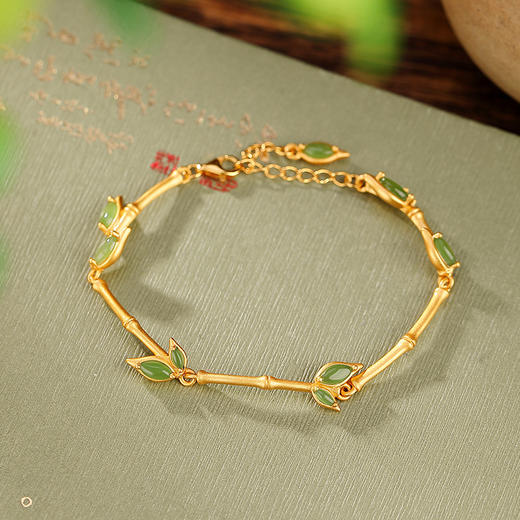 S925纯银镀金和田玉碧玉，竹节竹叶手链百搭古风气质手环CW-266 商品图0