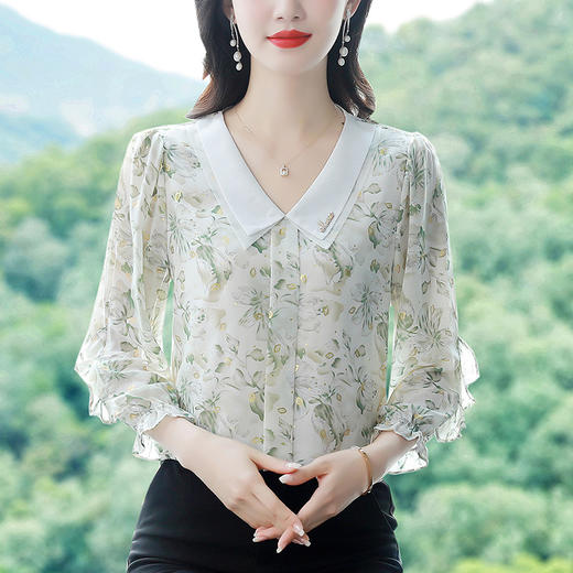 SMZ9769 2023秋新款韩版遮肉减龄时尚印花衬衫九分袖娃娃领气质衬衣潮 商品图1