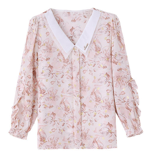 SMZ9769 2023秋新款韩版遮肉减龄时尚印花衬衫九分袖娃娃领气质衬衣潮 商品图4