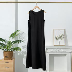丁摩 真丝连衣裙女夏季黑色桑蚕丝长裙圆领无袖背心裙长款内搭3W0259 (Q122077)