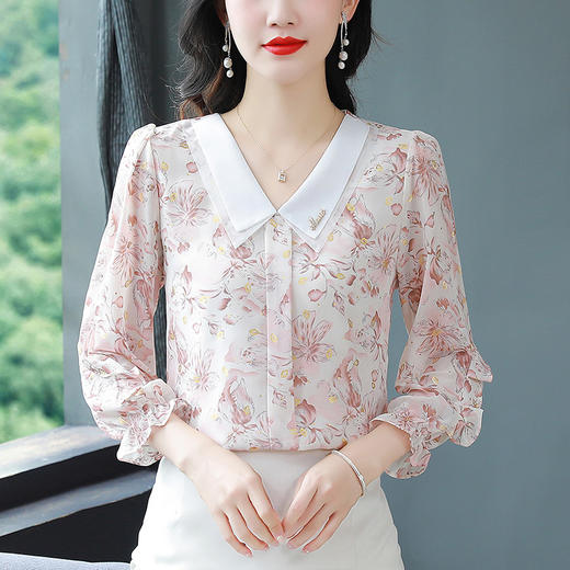SMZ9769 2023秋新款韩版遮肉减龄时尚印花衬衫九分袖娃娃领气质衬衣潮 商品图0