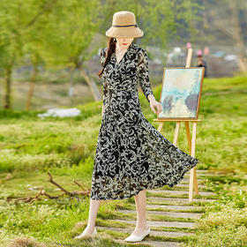 轻奢优雅，气质名媛高弹网纱印花七分袖连衣裙HR-WS2303B9