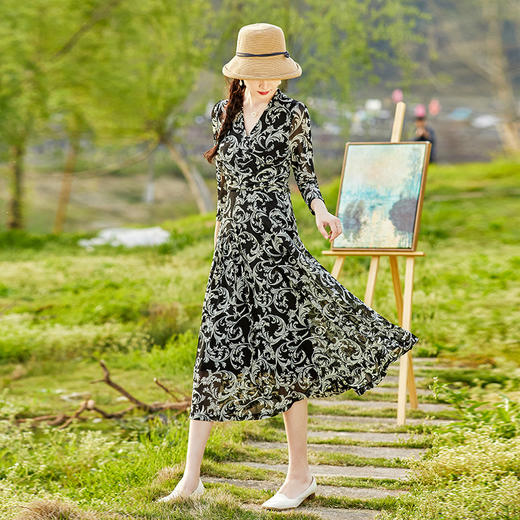 轻奢优雅，气质名媛高弹网纱印花七分袖连衣裙HR-WS2303B9 商品图0
