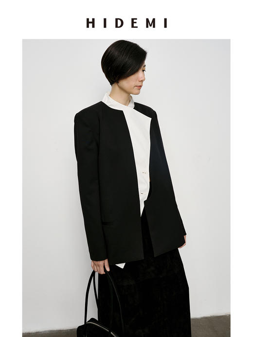HIDEMI 可机洗羊毛极简结构感不对称门襟圆领西装西服 商品图8