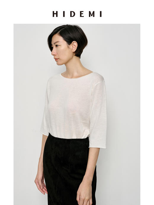 HIDEMI 弧形圆领极简山羊绒真丝中袖针织短袖上衣 商品图3