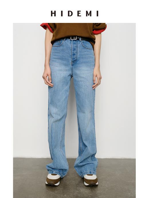 HIDEMI 水洗做旧感高品相单宁牛仔直筒裤 商品图0