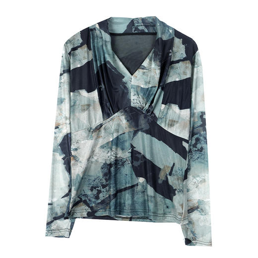 SMZ9756 V领弹力网纱小衫女2023秋新款减龄显瘦打底衫洋气水墨画印花上衣 商品图4