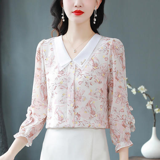 SMZ9769 2023秋新款韩版遮肉减龄时尚印花衬衫九分袖娃娃领气质衬衣潮 商品图2
