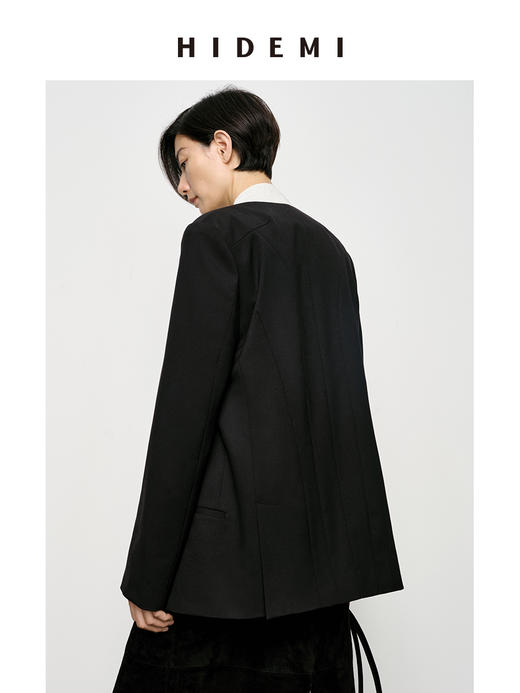 HIDEMI 可机洗羊毛极简结构感不对称门襟圆领西装西服 商品图2