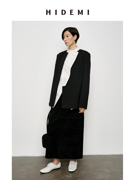HIDEMI 可机洗羊毛极简结构感不对称门襟圆领西装西服 商品图11