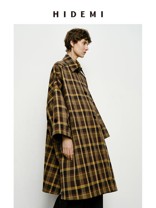 HIDEMI 棕咖色格纹经典大伞状廓形极简风衣 商品图4