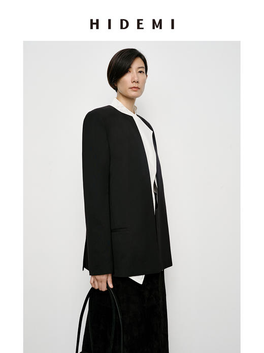 HIDEMI 可机洗羊毛极简结构感不对称门襟圆领西装西服 商品图10