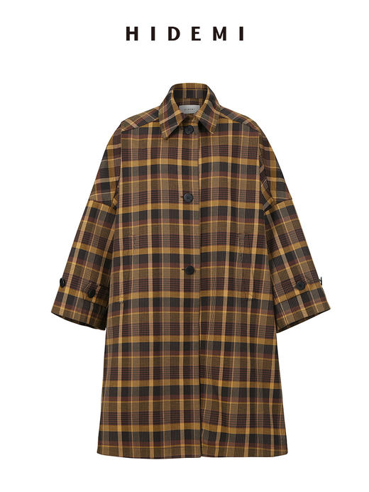 HIDEMI 棕咖色格纹经典大伞状廓形极简风衣 商品图13