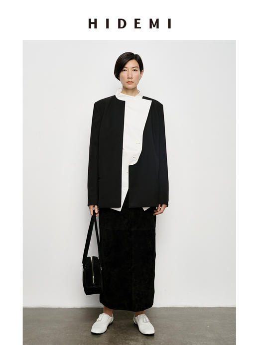 HIDEMI 可机洗羊毛极简结构感不对称门襟圆领西装西服 商品图0