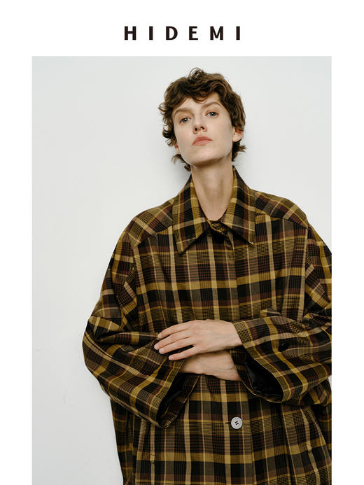 HIDEMI 棕咖色格纹经典大伞状廓形极简风衣 商品图3