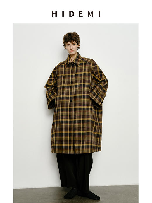 HIDEMI 棕咖色格纹经典大伞状廓形极简风衣 商品图9