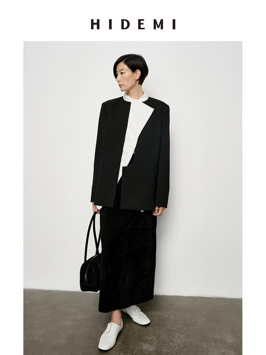 HIDEMI 可机洗羊毛极简结构感不对称门襟圆领西装西服 商品图9