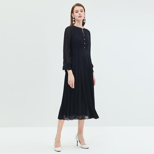 EITIE连衣裙时尚纯色气质百褶收腰连衣裙显瘦法式优雅秋季新款C07254 商品图1