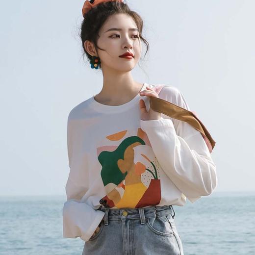 【纯棉油画印花T恤】百搭白色宽松圆领长袖打底衫 ins氛围感 100%纯棉面料 商品图2