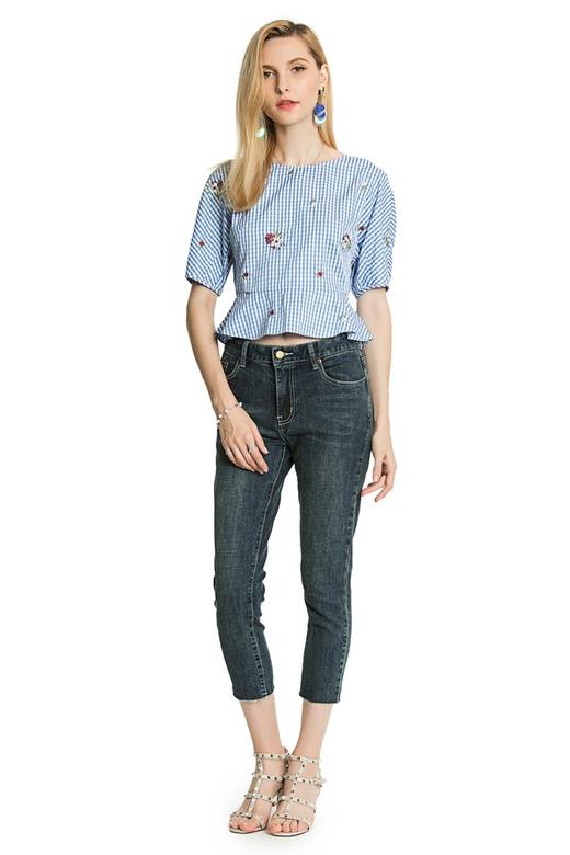 SUMMER & SAGE 蓝色绣花格纹上衣 3305 商品图3