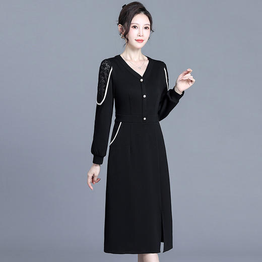 秋季新款，长袖裙时尚气质女装网纱拼结中长款开衩A字裙黑色连衣裙QYM-XY-23LQ05-Y 商品图1