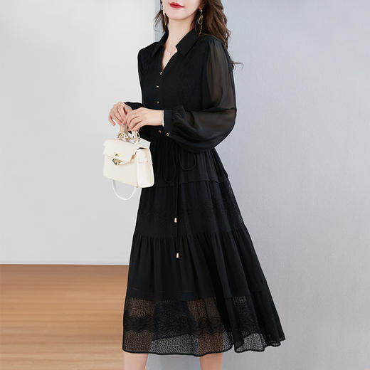 QS-82399677真丝桑蚕丝连衣裙女新款夏装气质衬衫式Polo领长袖小黑裙 商品图1