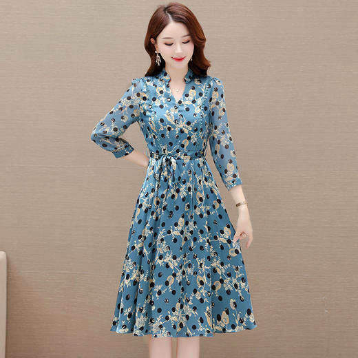 秋季新款，妈妈装中长款系带裙长袖A字裙蓝色圆点印花连衣裙QYM-JJ-AE23503-Y 商品图0