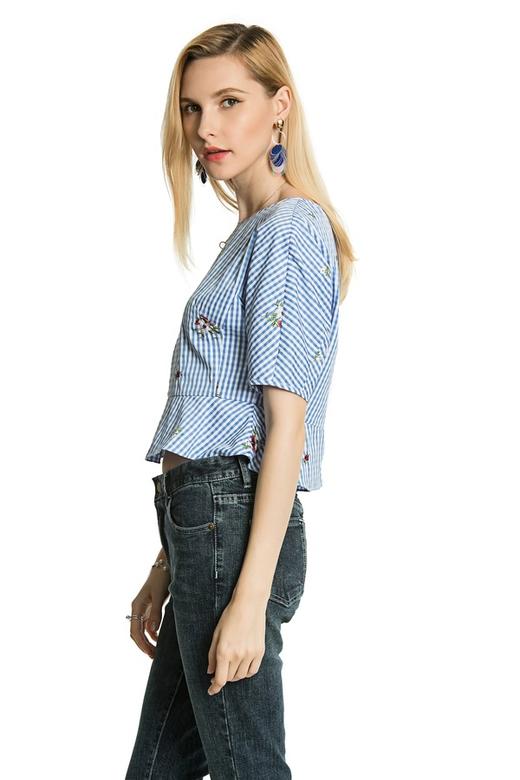 SUMMER & SAGE 蓝色绣花格纹上衣 3305 商品图4