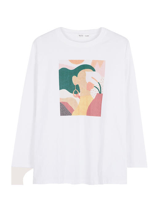 【纯棉油画印花T恤】百搭白色宽松圆领长袖打底衫 ins氛围感 100%纯棉面料 商品图4