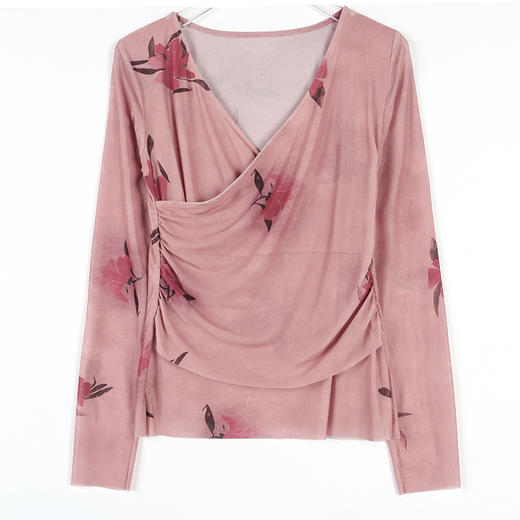 早秋新款，设计感小众女花卉印花v领复古别致优雅长袖上衣KQL-B40N2271 商品图4