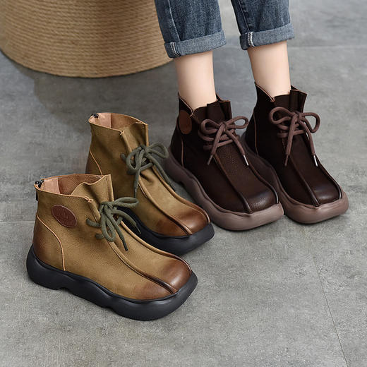 TN T62309-22真皮系带复古轻盈发泡平底短筒靴 商品图2