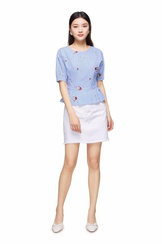 SUMMER & SAGE 蓝色绣花格纹上衣 3305 商品图0