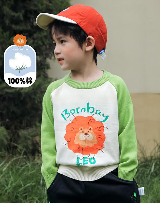 贝贝怡童装儿童软萌小狮子卡通套头毛衣秋冬款男童纯棉撞色针织衫233S3283 商品图3