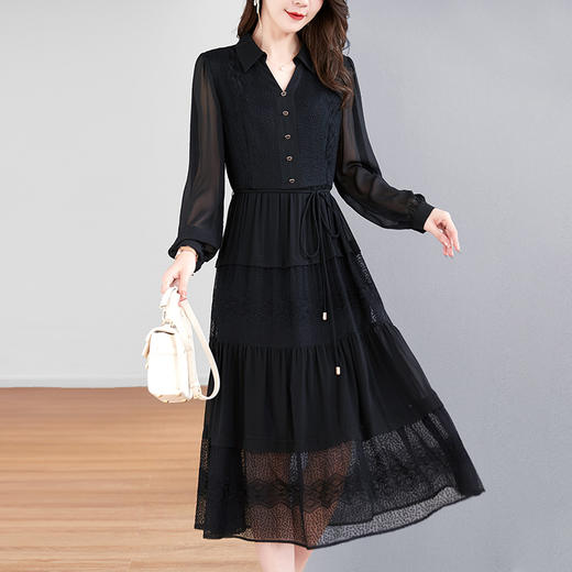 QS-82399677真丝桑蚕丝连衣裙女新款夏装气质衬衫式Polo领长袖小黑裙 商品图0