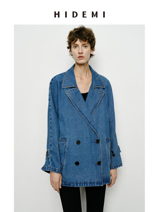 HIDEMI 双排扣翻领大廓形极简设计感水洗牛仔西装 商品图0