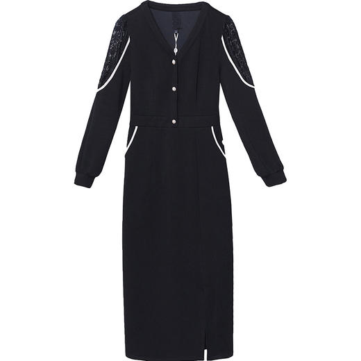 秋季新款，长袖裙时尚气质女装网纱拼结中长款开衩A字裙黑色连衣裙QYM-XY-23LQ05-Y 商品图4