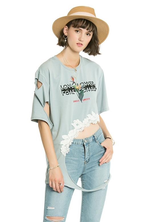SUMMER & SAGE 蕾丝装饰镂空T恤 2867 商品图0