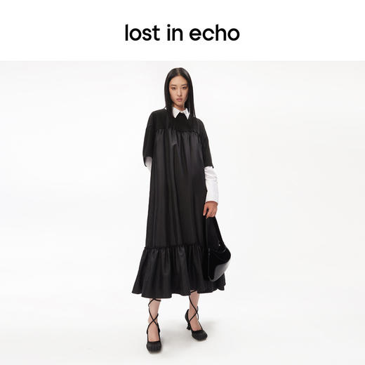lost in echo设计师品牌设计感小众褶皱拼接荷叶宽松短袖连衣裙女 商品图3