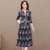 秋季新款，长袖裙时尚气质妈妈装系带收腰长款A字裙蓝色印花连衣裙QYM-JJ-92511-Y 商品缩略图0